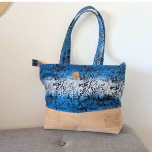 sac cabas ete liège tissu polynésien bleu tatau