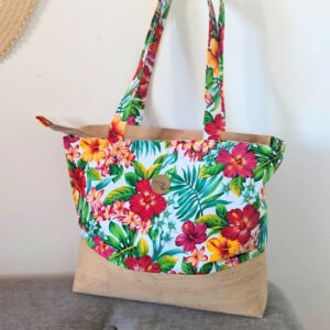 sac cabas ete liège tissu polynésien jardin fleuri