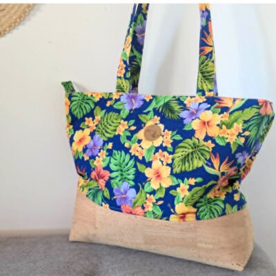 sac cabas ete liège tissu polynésien nuit tropicale