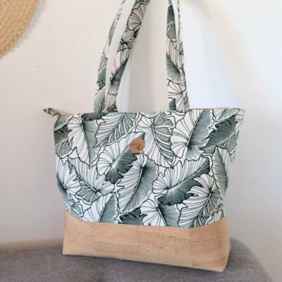 sac cabas ete liège tissu polynésien vert feuilles