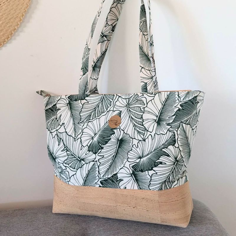 sac cabas ete liège tissu polynésien vert feuilles