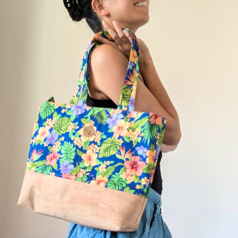 sac cabas 'ete liège tissus polynésien fleuri Nuit tropicale