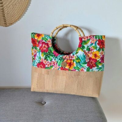 Sac Mahana en liège et anse en bambou : jardin fleuri