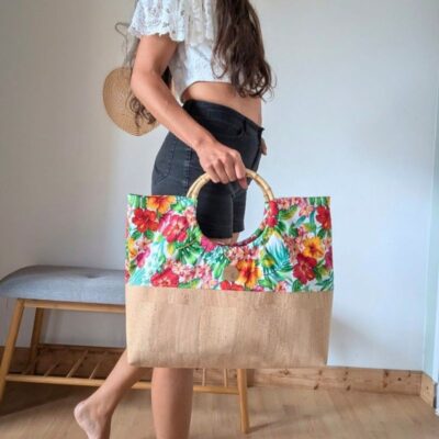 sac cabas de plage jardin fleur liège et tiissu polynésien tahiti