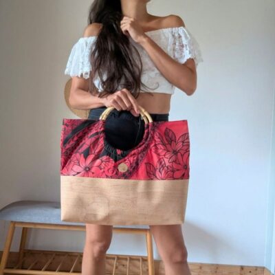 Sac Mahana en liège et anse en bambou : rouge tatouage