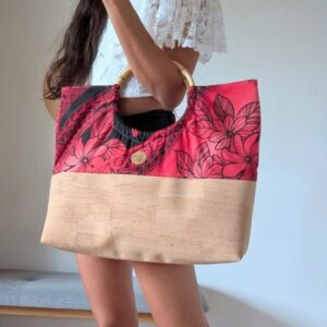 sac cabas de plage rouge tatouage en liège et tissu polynésien tahiti
